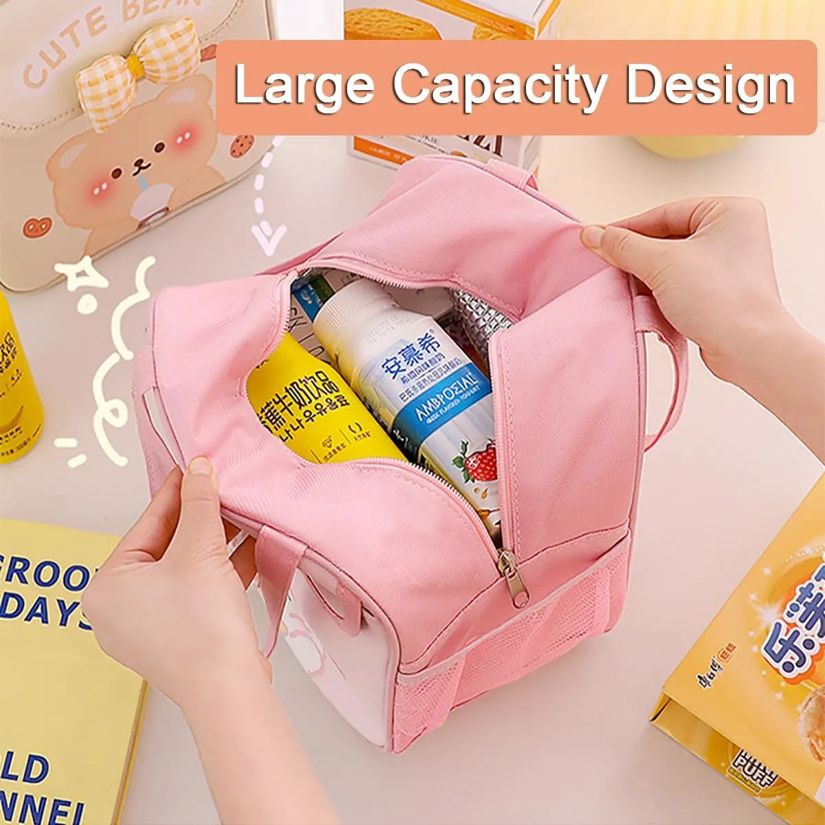 𝗞𝗮𝘄𝗮𝗶𝗶 𝗟𝘂𝗻𝗰𝗵 𝗕𝗮𝗴 𝗖𝘂𝘁𝗲 𝗔𝗻𝗶𝗺𝗮𝗹 Lunch Bag with Bow 𝗜𝗻𝘀𝘂𝗹𝗮𝘁𝗲𝗱 𝗟𝘂𝗻𝗰𝗵 𝗕𝗮𝗴 for Women Durable Reusable Tote Bag Durable Handbag Bag