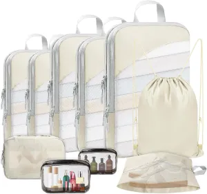 10 Set Compression Packing Cubes, Lightweight Travel Essentials, Stretchable Expandable Storage Bags, Compression Bags for Travel Accessories Luggage Storage Set (10 Pcs, Beige)