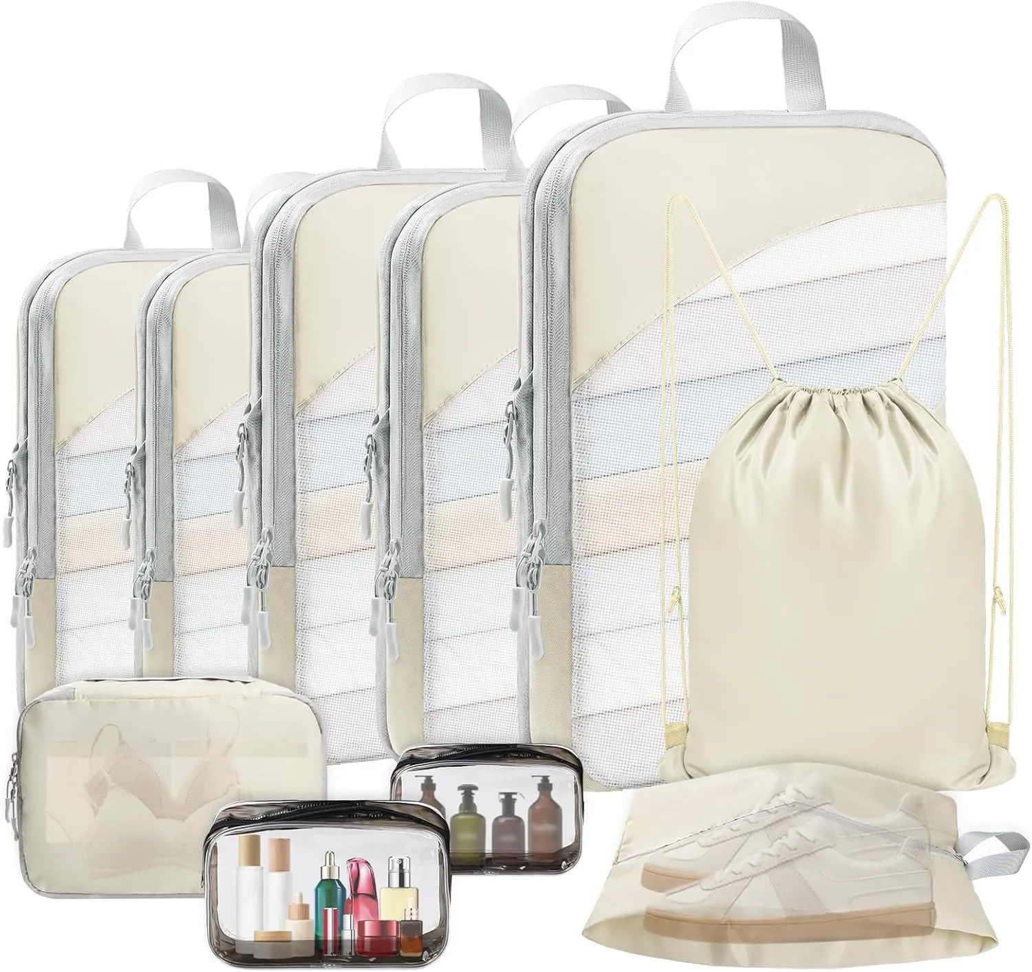 10 Set Compression Packing Cubes, Lightweight Travel Essentials, Stretchable Expandable Storage Bags, Compression Bags for Travel Accessories Luggage Storage Set (10 Pcs, Beige)