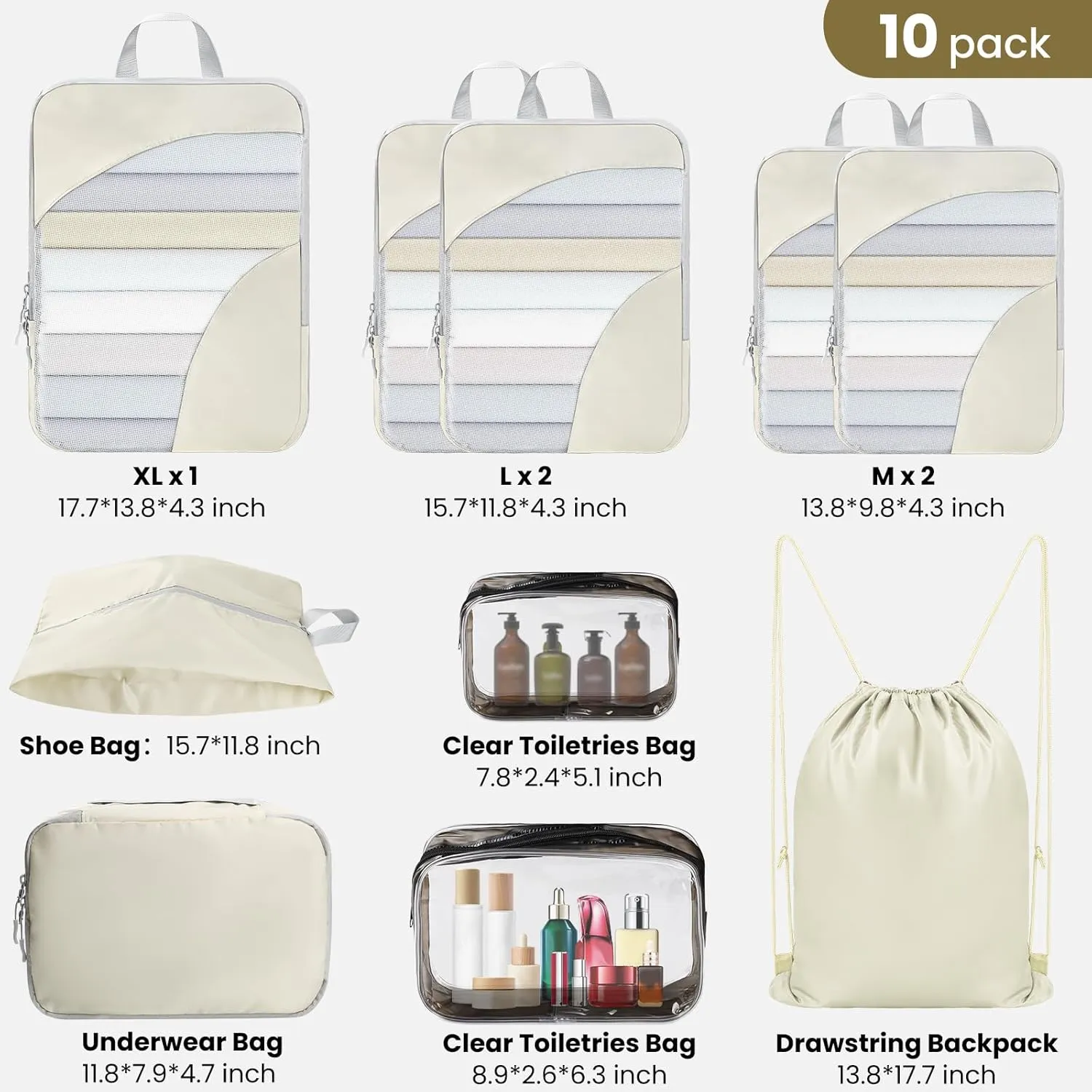 10 Set Compression Packing Cubes, Lightweight Travel Essentials, Stretchable Expandable Storage Bags, Compression Bags for Travel Accessories Luggage Storage Set (10 Pcs, Beige)