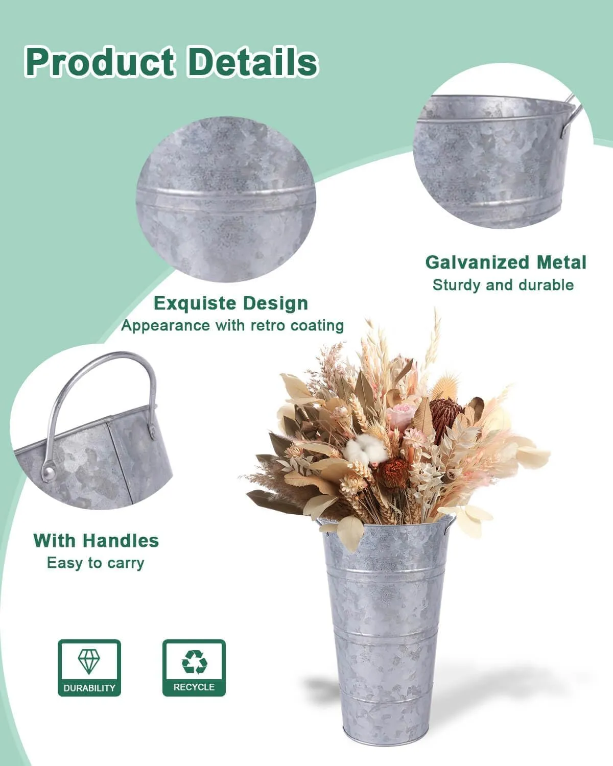 12 Inch Galvanized Metal Vases for Flowers - 6 Pcs Farmhouse Decorative Tall Flower Bucket with Handles, Rustic French Tin Planter Buckets for Wedding Decor (Silver)
