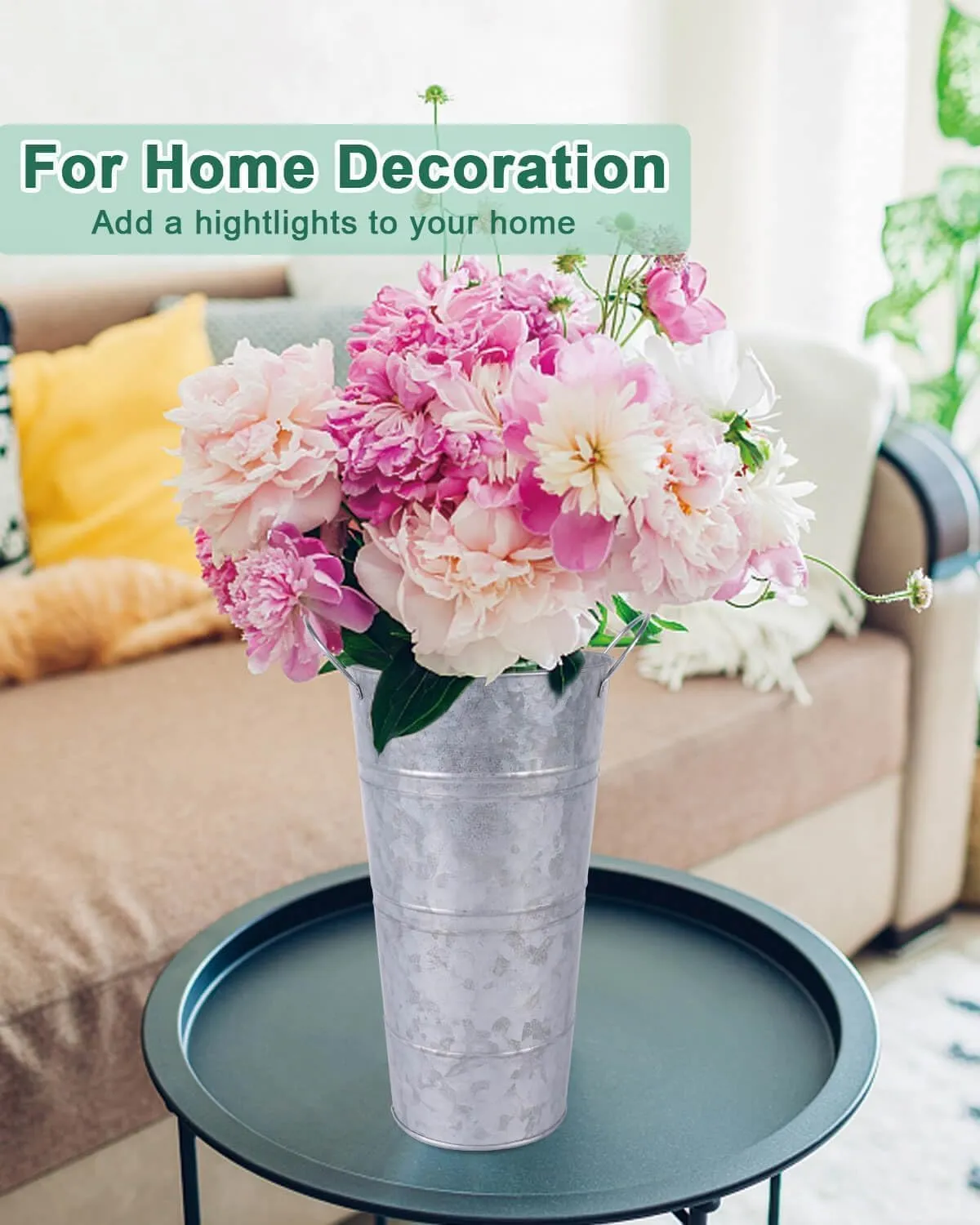 12 Inch Galvanized Metal Vases for Flowers - 6 Pcs Farmhouse Decorative Tall Flower Bucket with Handles, Rustic French Tin Planter Buckets for Wedding Decor (Silver)