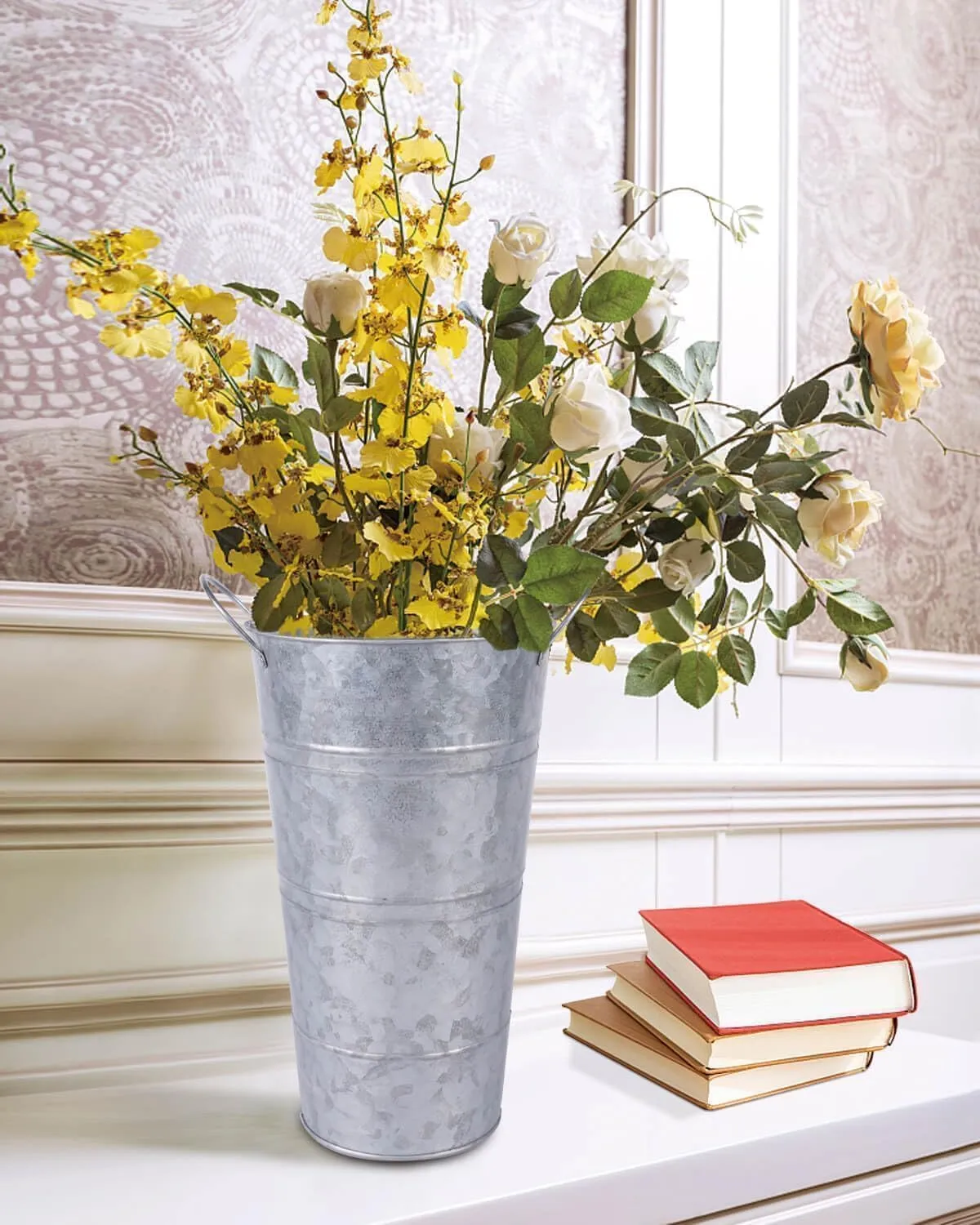 12 Inch Galvanized Metal Vases for Flowers - 6 Pcs Farmhouse Decorative Tall Flower Bucket with Handles, Rustic French Tin Planter Buckets for Wedding Decor (Silver)