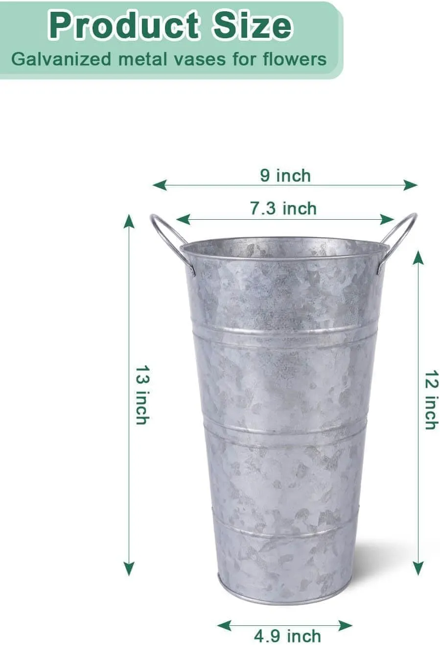 12 Inch Galvanized Metal Vases for Flowers - 6 Pcs Farmhouse Decorative Tall Flower Bucket with Handles, Rustic French Tin Planter Buckets for Wedding Decor (Silver)