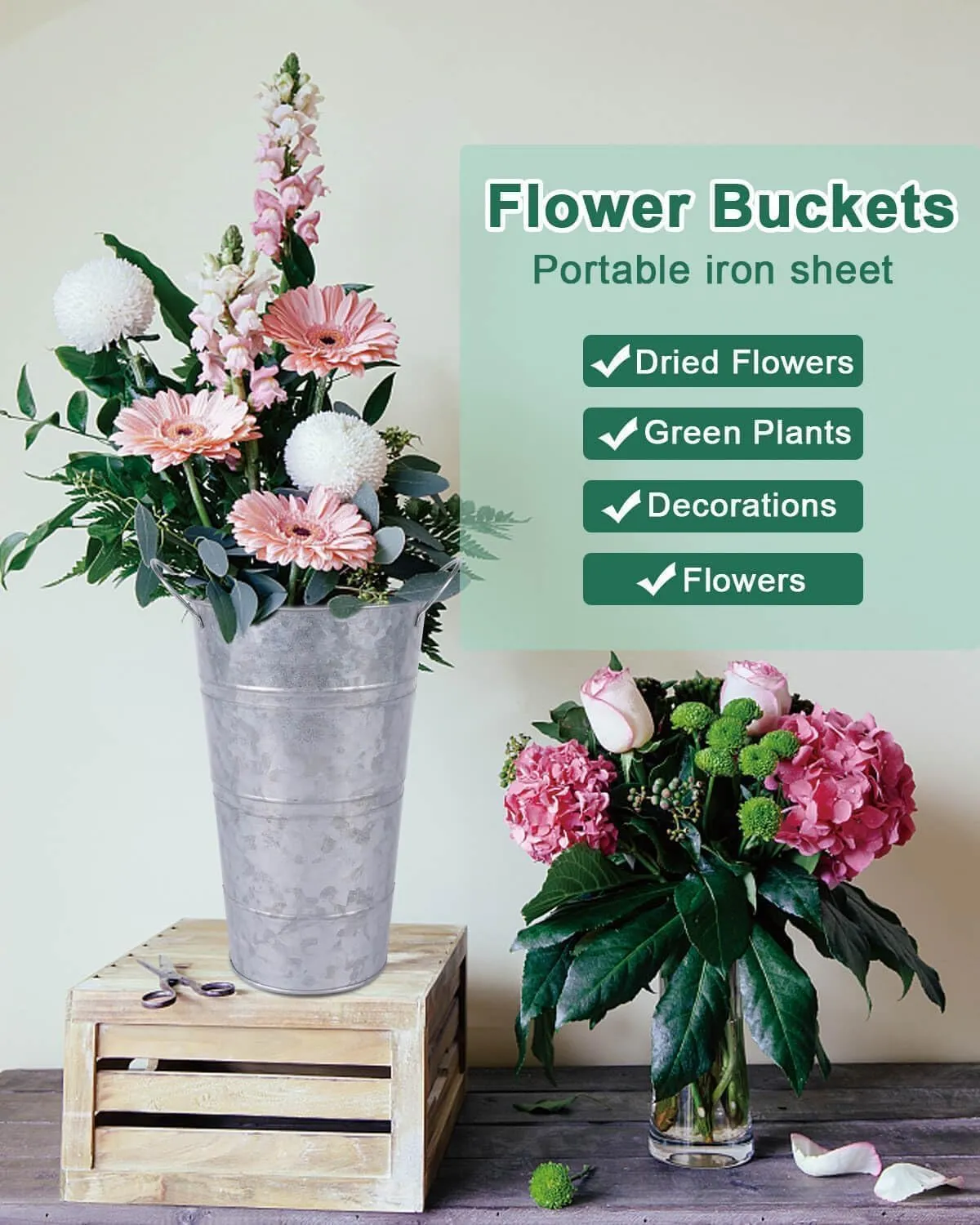 12 Inch Galvanized Metal Vases for Flowers - 6 Pcs Farmhouse Decorative Tall Flower Bucket with Handles, Rustic French Tin Planter Buckets for Wedding Decor (Silver)