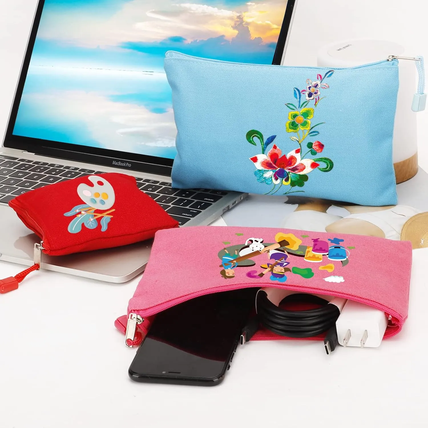 12 Pack DIY Craft Cotton Canvas Bag, Multi-Purpose Cosmetic Bag Makeup Pouches with Zipper Travel Toiletry Bag (XS, Red)
