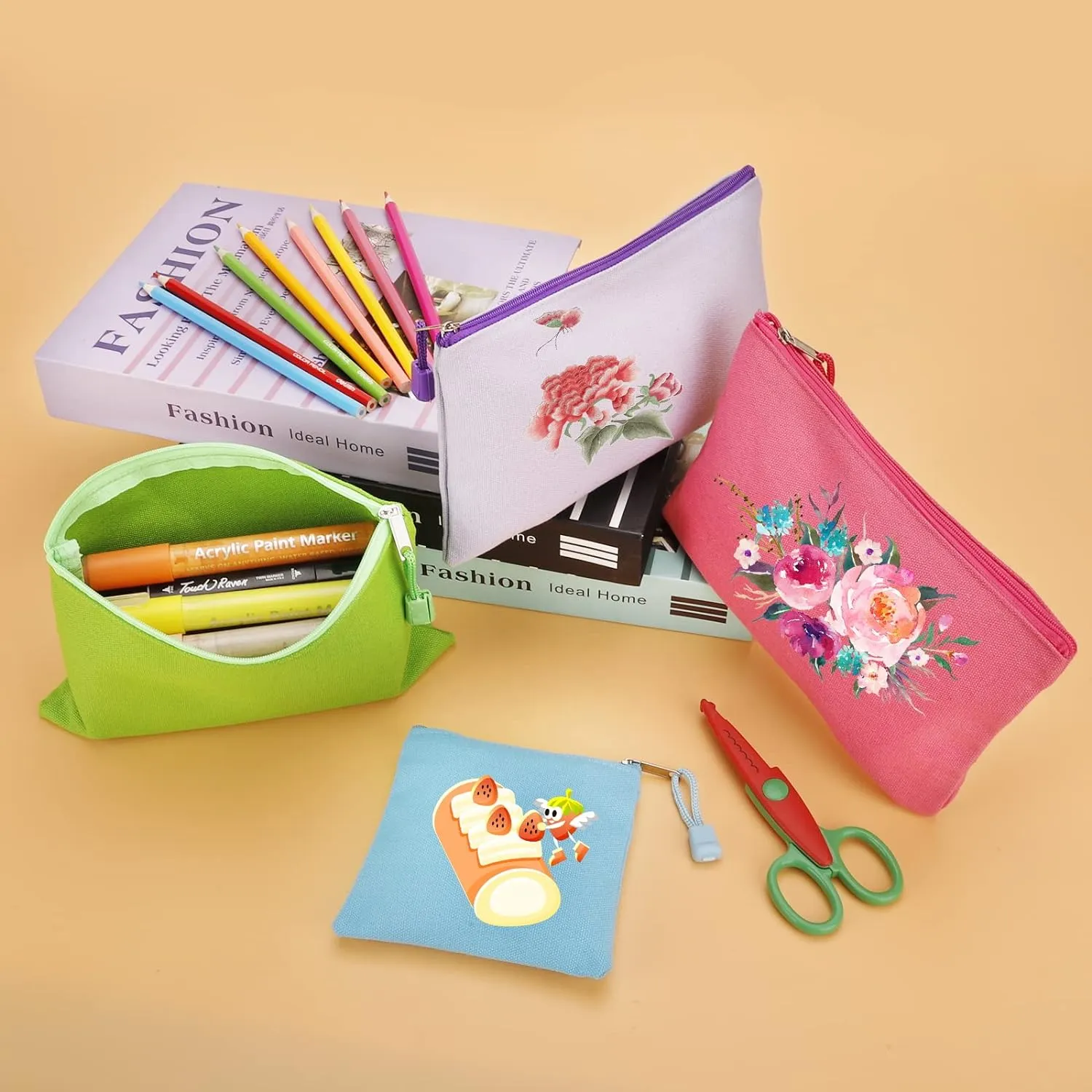 12 Pack DIY Craft Cotton Canvas Bag, Multi-Purpose Cosmetic Bag Makeup Pouches with Zipper Travel Toiletry Bag (XS, Red)