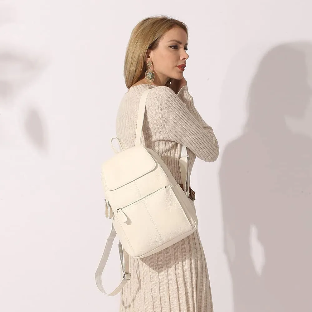 15 Colors Real Soft 100% Genuine Leather Women Backpack Fashion Ladies Travel Bag Preppy Style For Woman (Beige)