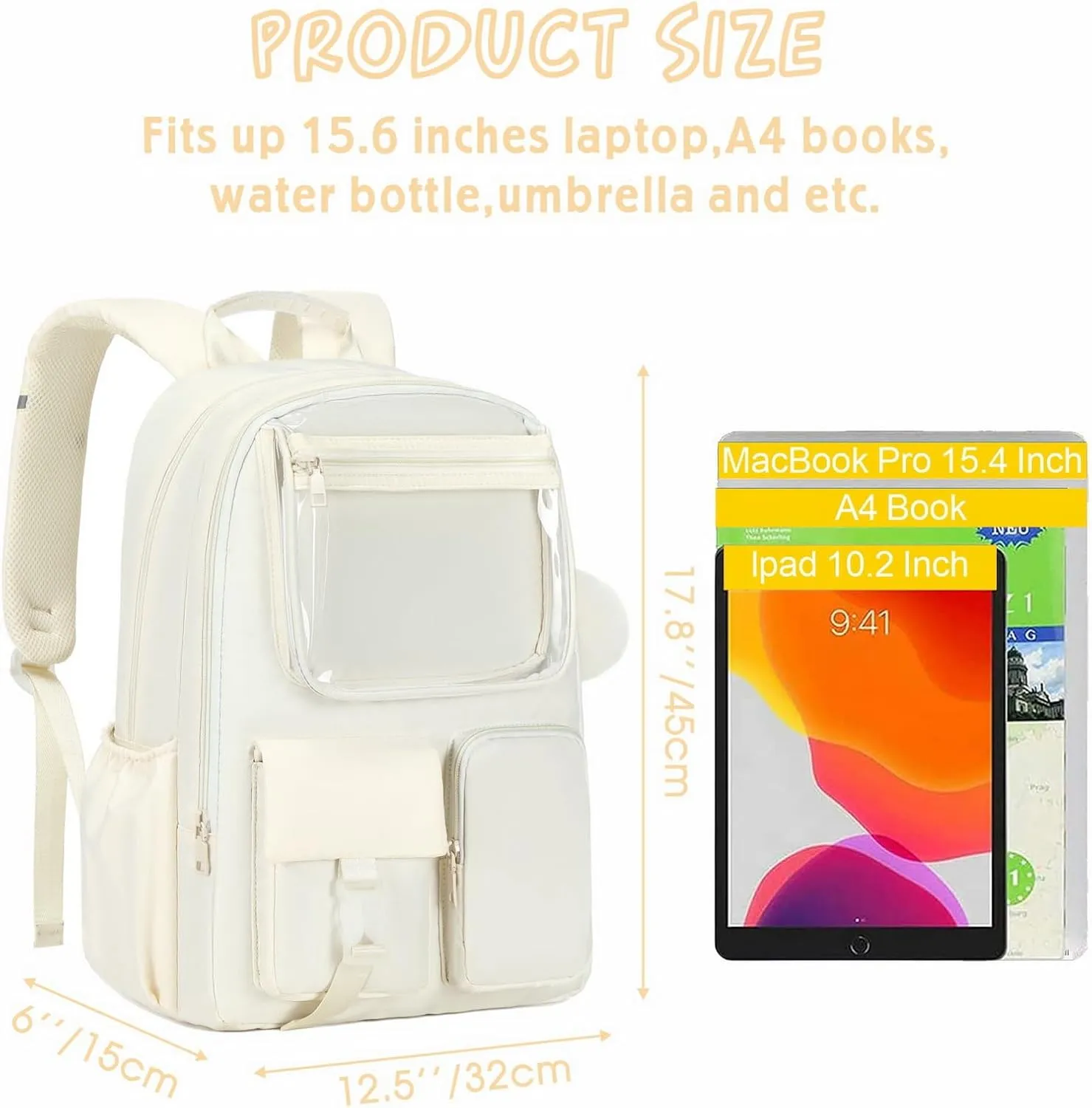 15.6 Laptop Backpack for Girls Bookbag College Middle High School Bag for Student Beige Plain