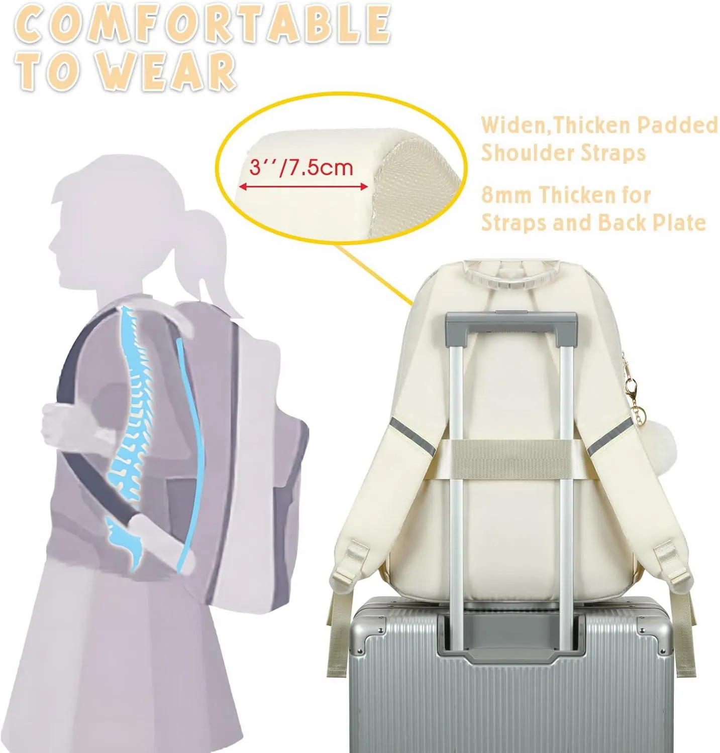 15.6 Laptop Backpack for Girls Bookbag College Middle High School Bag for Student Beige Plain