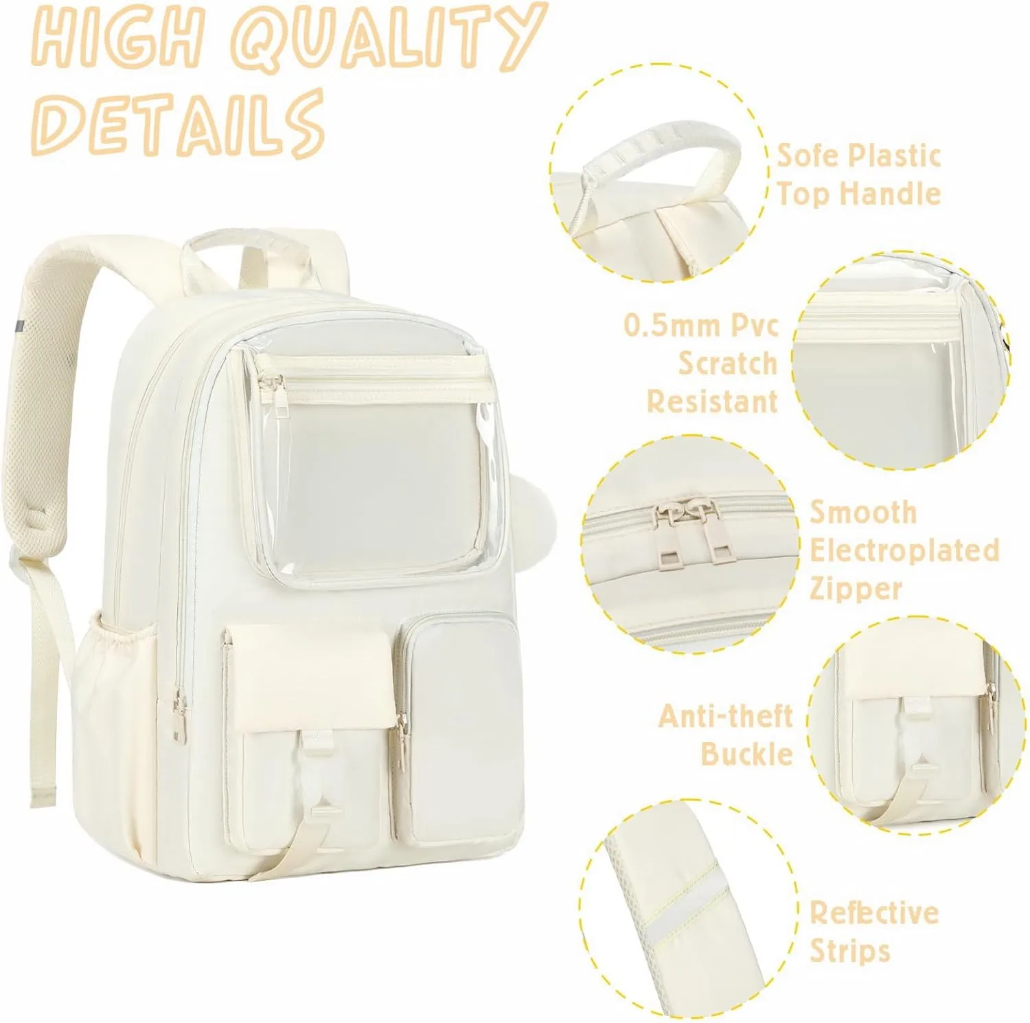 15.6 Laptop Backpack for Girls Bookbag College Middle High School Bag for Student Beige Plain