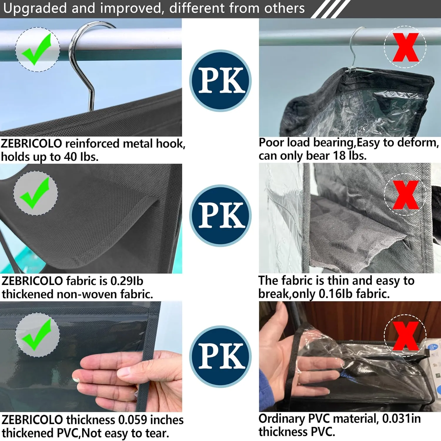 2 Pack Larger Purse Organizer, 8 Pockets, Thicken Metal Hooks, Black