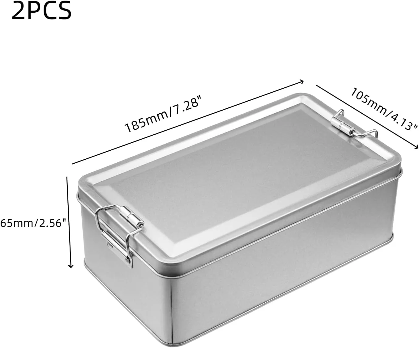 2 Pack Silver Tin Box Containers Metal Storage Box with Lids Rectangular Containers with Buckle Latch for Home Storage Outdoor Usage(7.28"×4.13"×2.56")