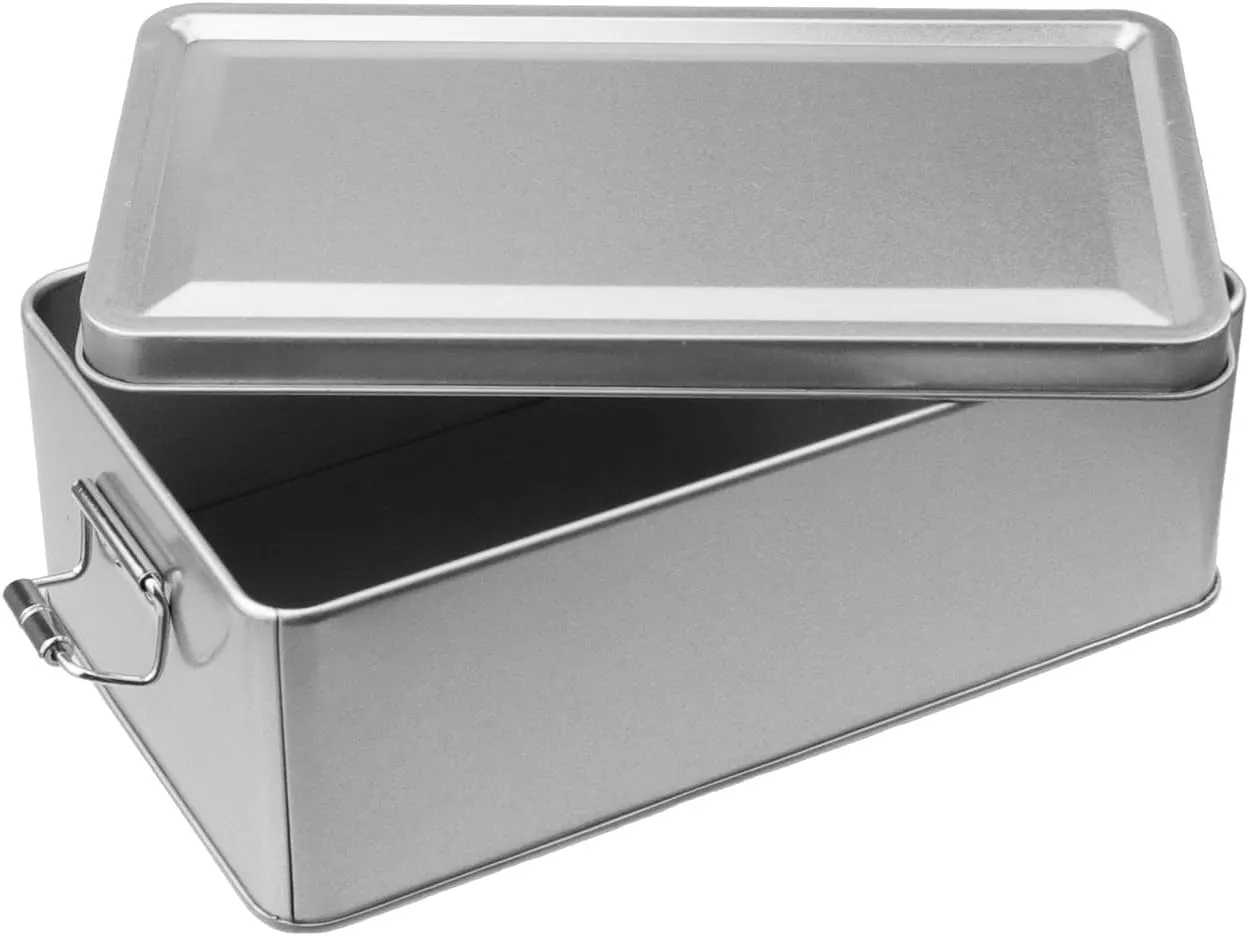 2 Pack Silver Tin Box Containers Metal Storage Box with Lids Rectangular Containers with Buckle Latch for Home Storage Outdoor Usage(7.28"×4.13"×2.56")