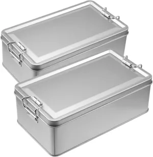 2 Pack Silver Tin Box Containers Metal Storage Box with Lids Rectangular Containers with Buckle Latch for Home Storage Outdoor Usage(7.28"×4.13"×2.56")