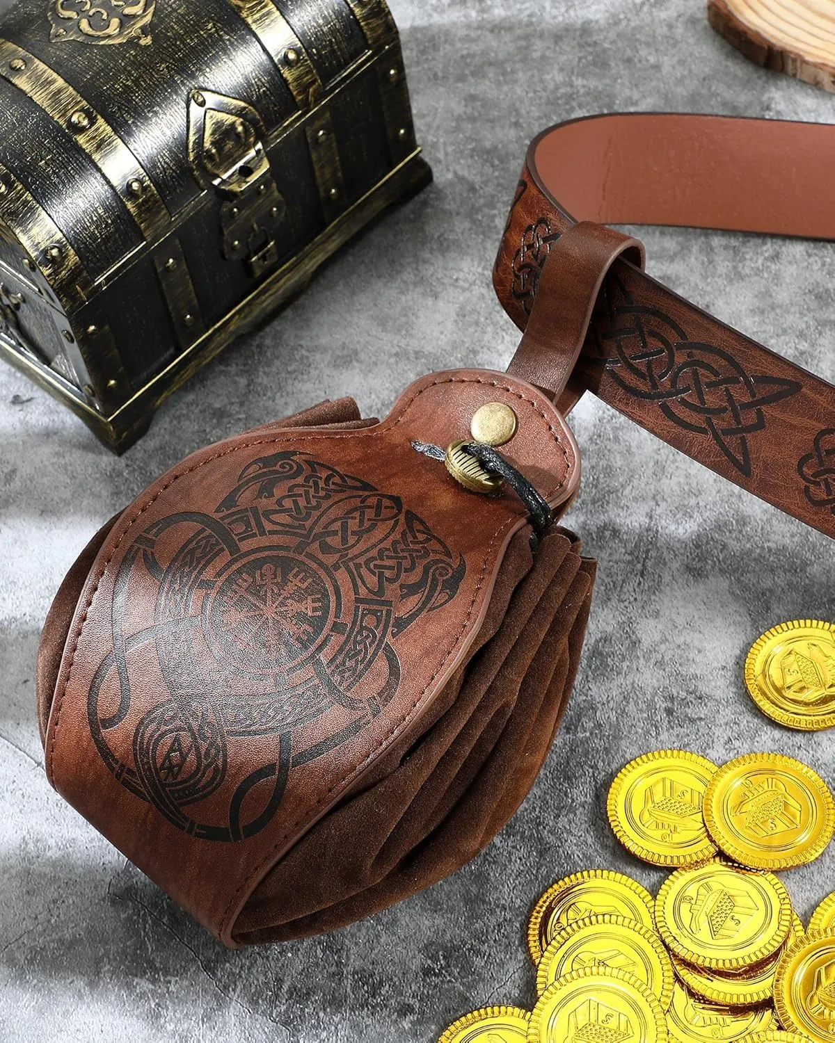 2 Pcs Medieval Viking Belt Leather Pouch Bag Embossed Renaissance Costume Accessories for Men Women