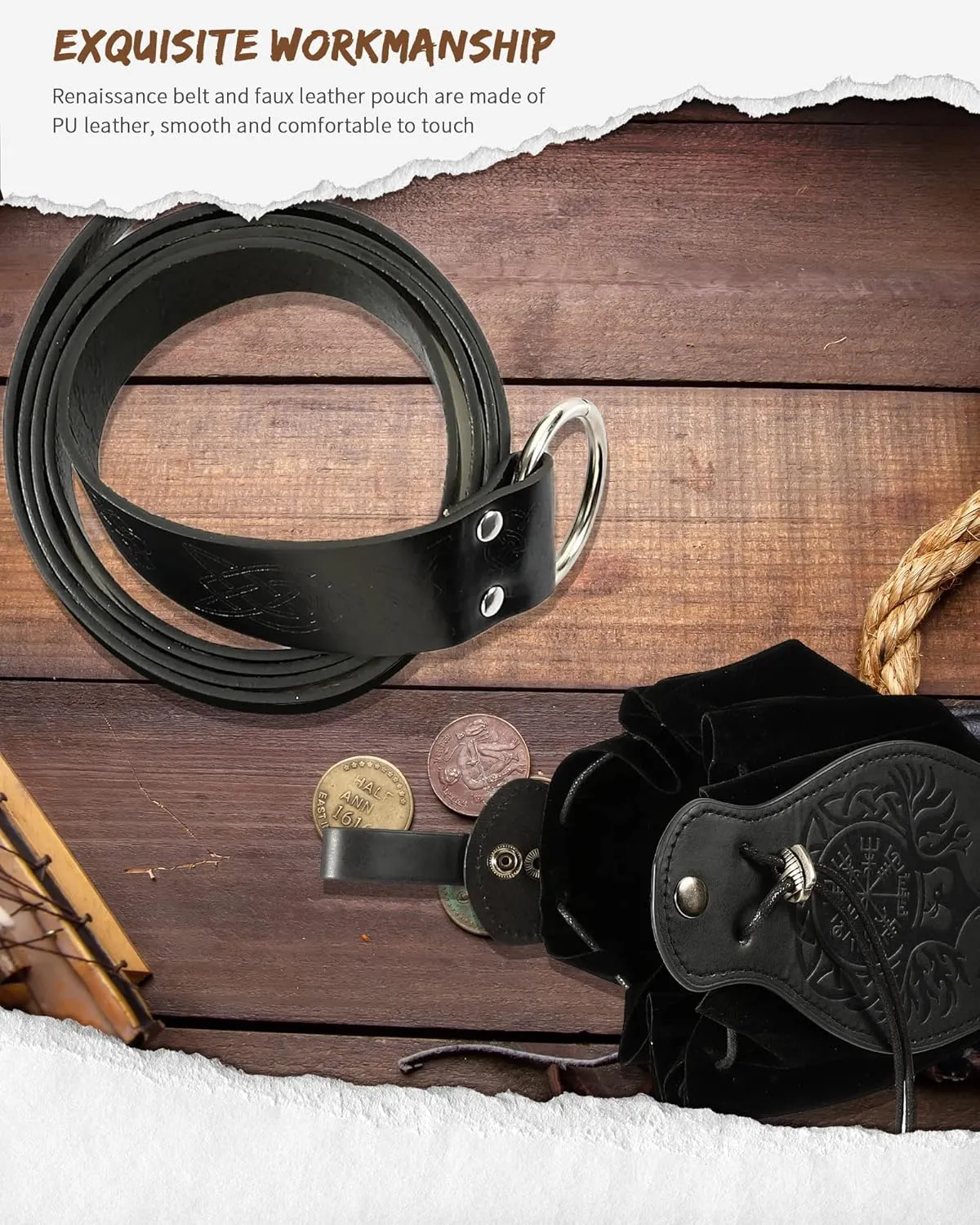 2 Pcs Medieval Viking Belt Leather Pouch Bag Embossed Renaissance Costume Accessories for Men Women