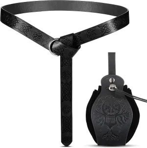 2 Pcs Medieval Viking Belt Leather Pouch Bag Embossed Renaissance Costume Accessories for Men Women
