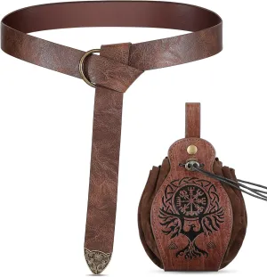 2 Pcs Medieval Viking Belt Leather Pouch Bag Embossed Renaissance Costume Accessories for Men Women
