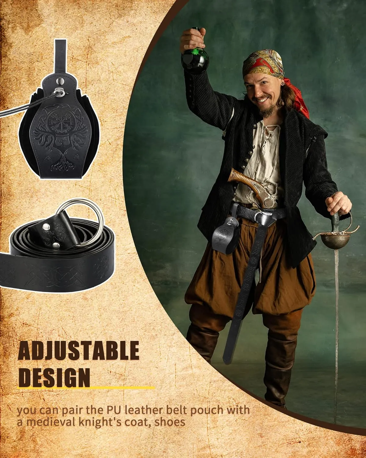 2 Pcs Medieval Viking Belt Leather Pouch Bag Embossed Renaissance Costume Accessories for Men Women