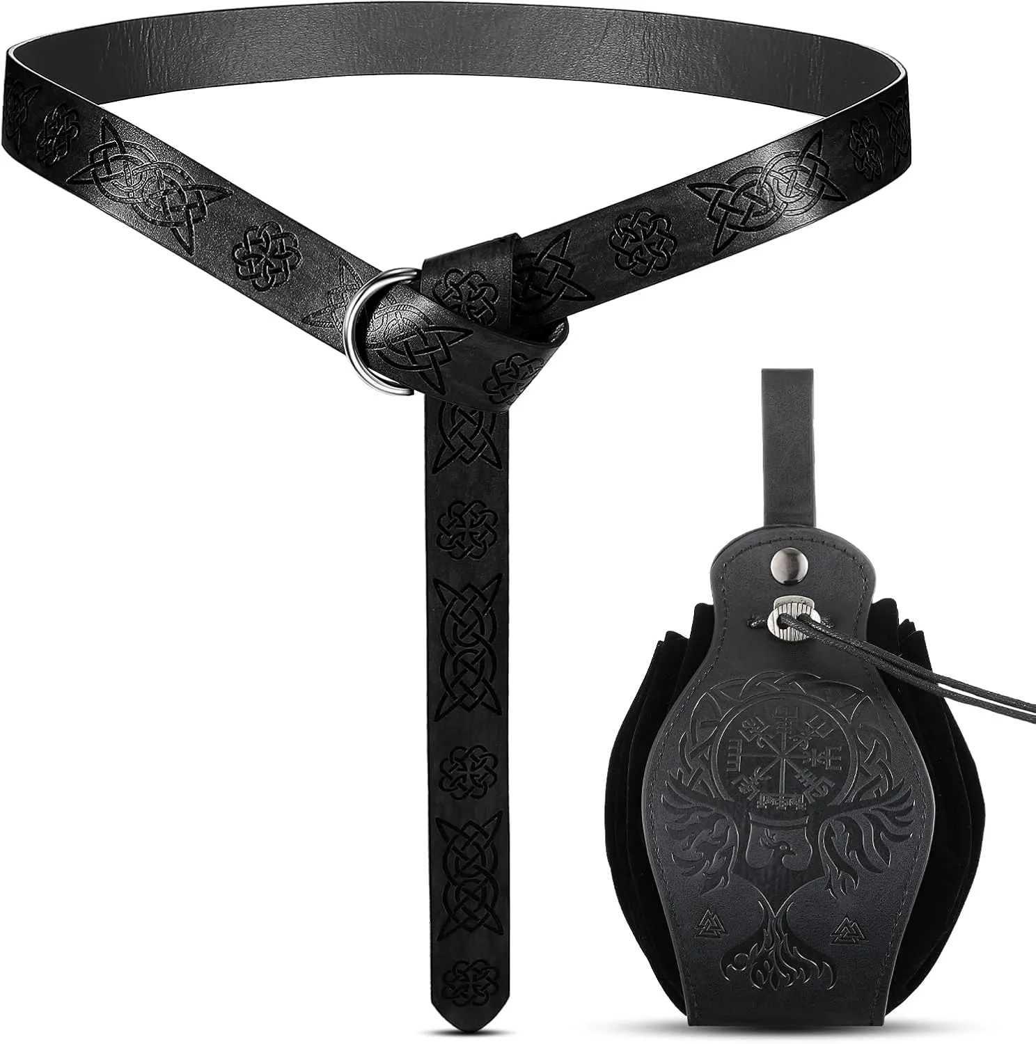 2 Pcs Medieval Viking Belt Leather Pouch Bag Embossed Renaissance Costume Accessories for Men Women