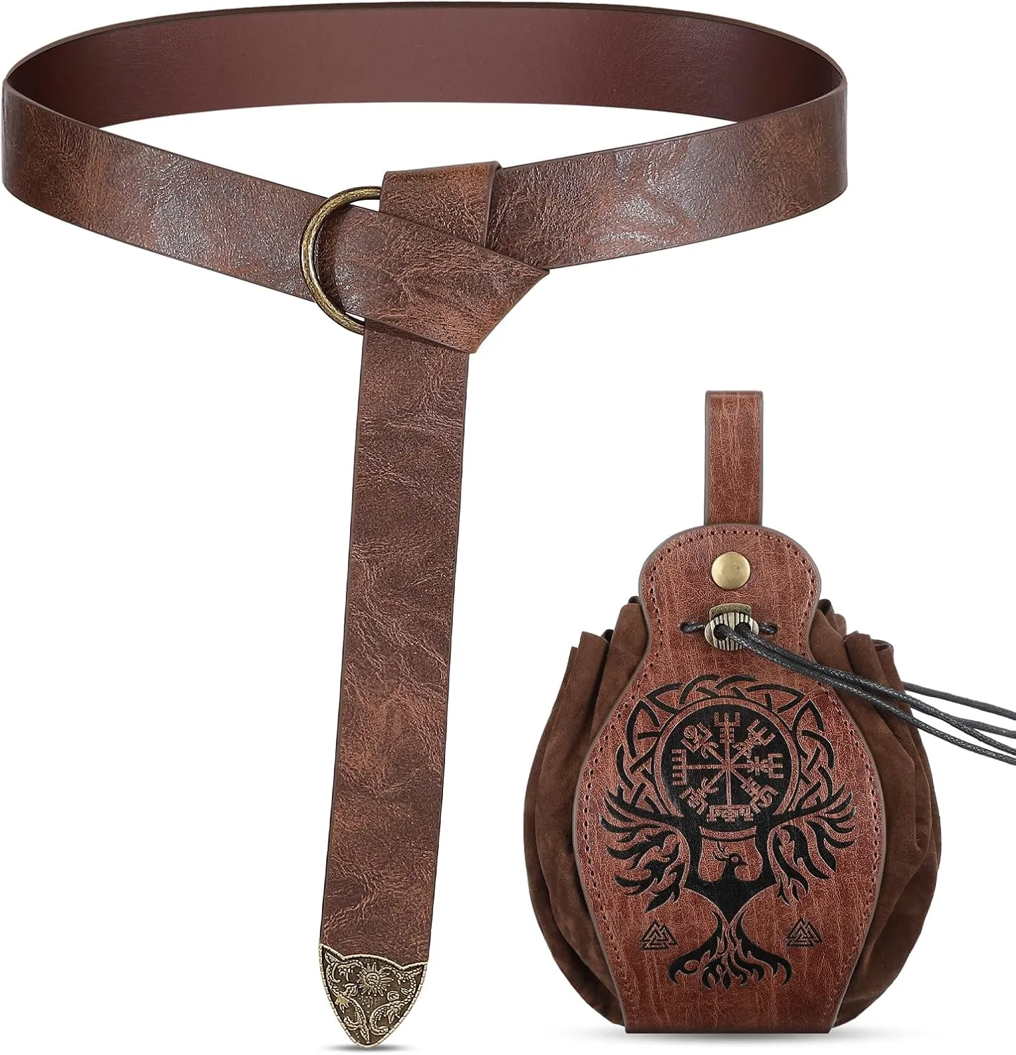 2 Pcs Medieval Viking Belt Leather Pouch Bag Embossed Renaissance Costume Accessories for Men Women