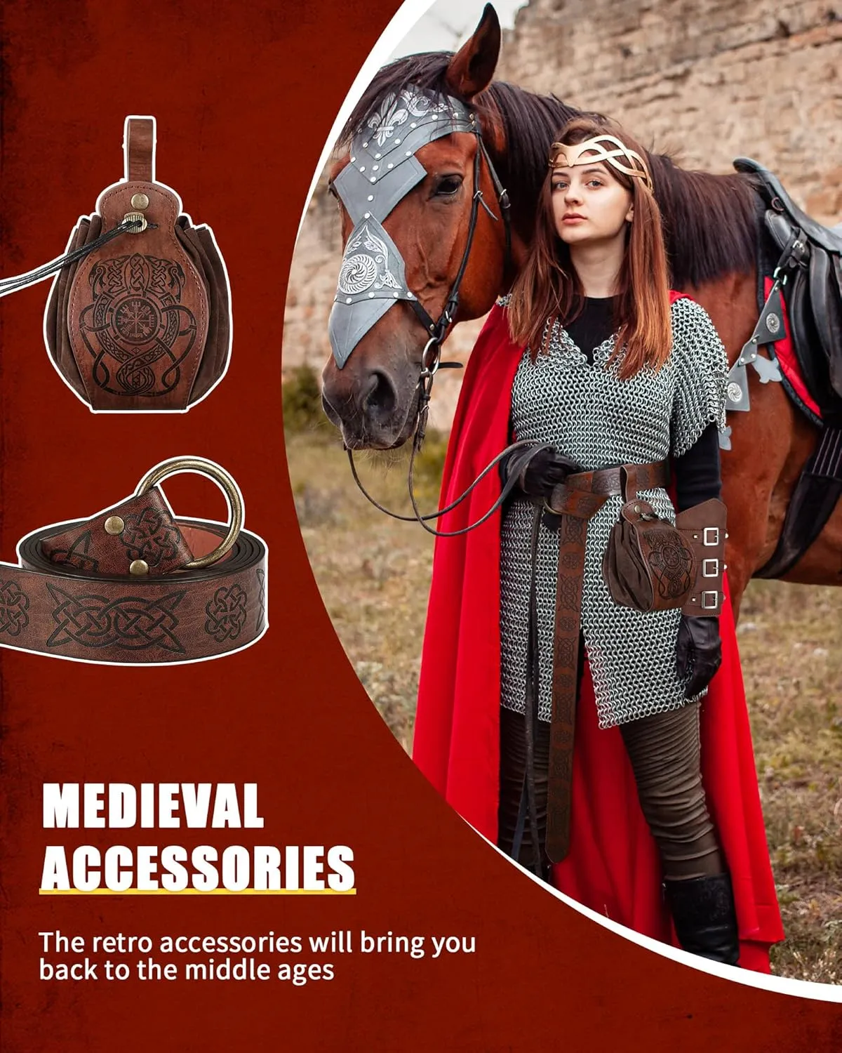 2 Pcs Medieval Viking Belt Leather Pouch Bag Embossed Renaissance Costume Accessories for Men Women