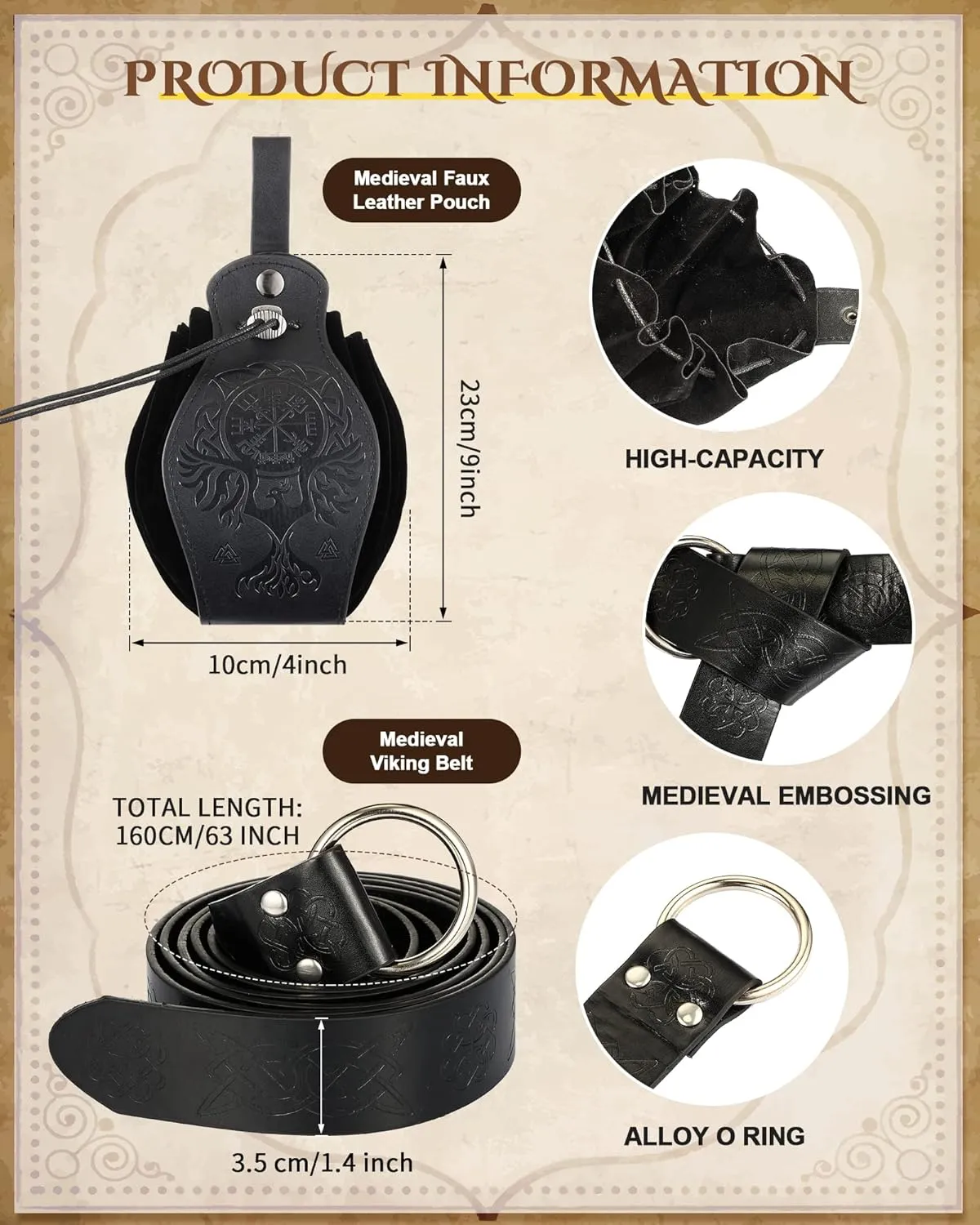 2 Pcs Medieval Viking Belt Leather Pouch Bag Embossed Renaissance Costume Accessories for Men Women