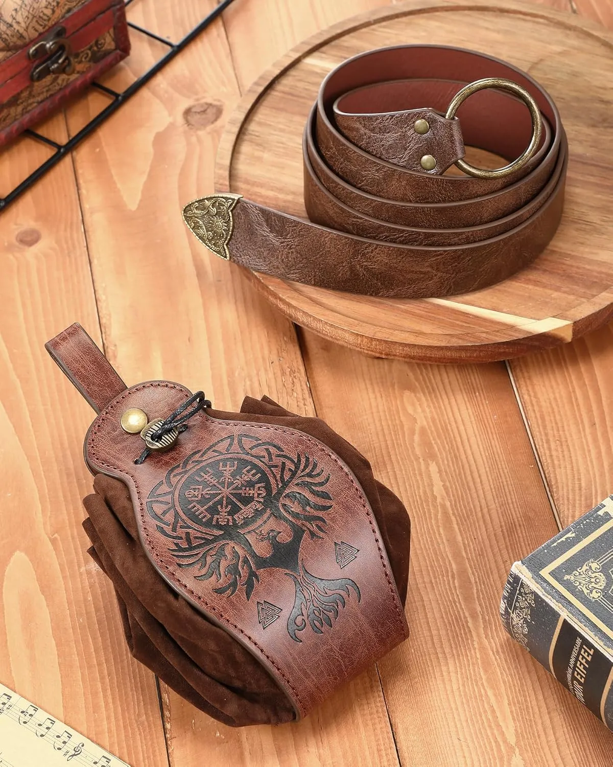 2 Pcs Medieval Viking Belt Leather Pouch Bag Embossed Renaissance Costume Accessories for Men Women