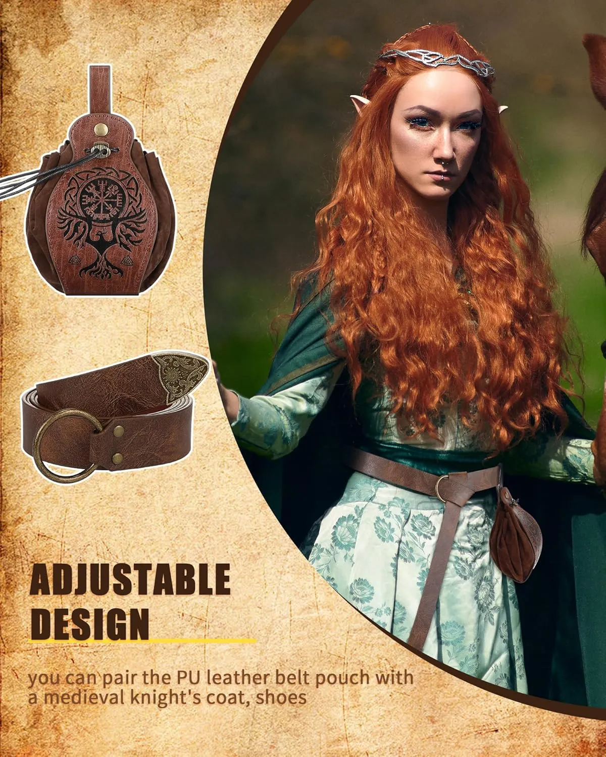 2 Pcs Medieval Viking Belt Leather Pouch Bag Embossed Renaissance Costume Accessories for Men Women