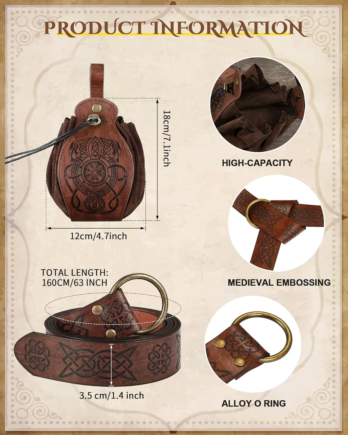 2 Pcs Medieval Viking Belt Leather Pouch Bag Embossed Renaissance Costume Accessories for Men Women