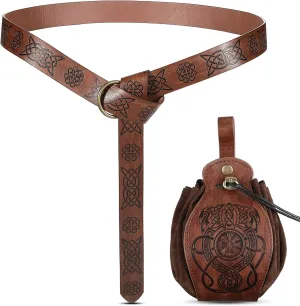 2 Pcs Medieval Viking Belt Leather Pouch Bag Embossed Renaissance Costume Accessories for Men Women