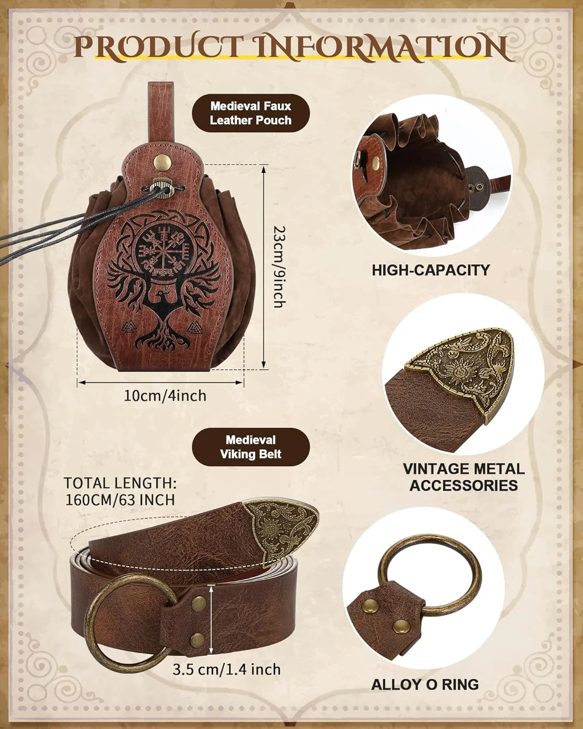 2 Pcs Medieval Viking Belt Leather Pouch Bag Embossed Renaissance Costume Accessories for Men Women