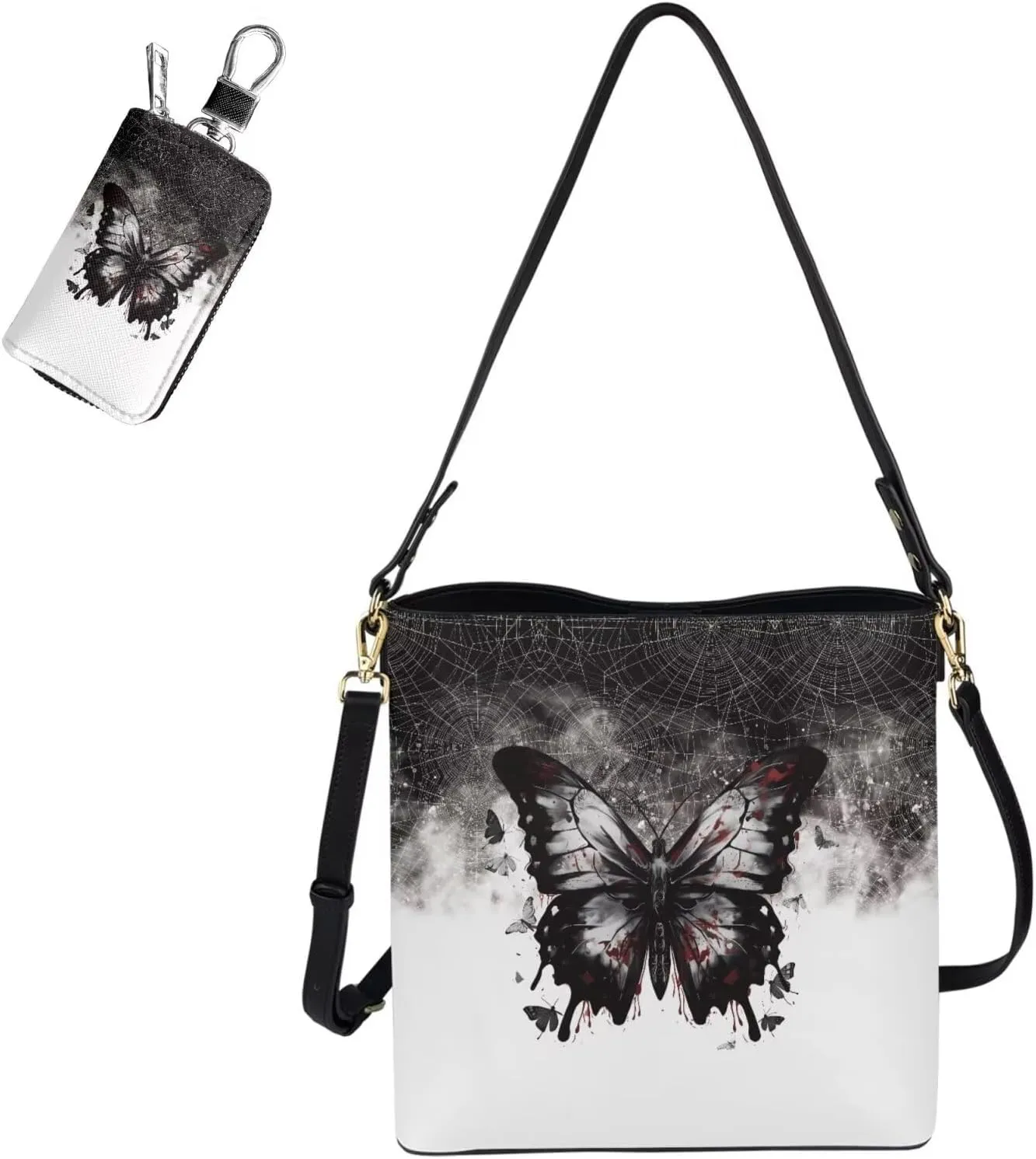 2 Piece Womens Messenger Bag Crossbody Bucket Tote Bag Matching Leather Car Key Holder Case