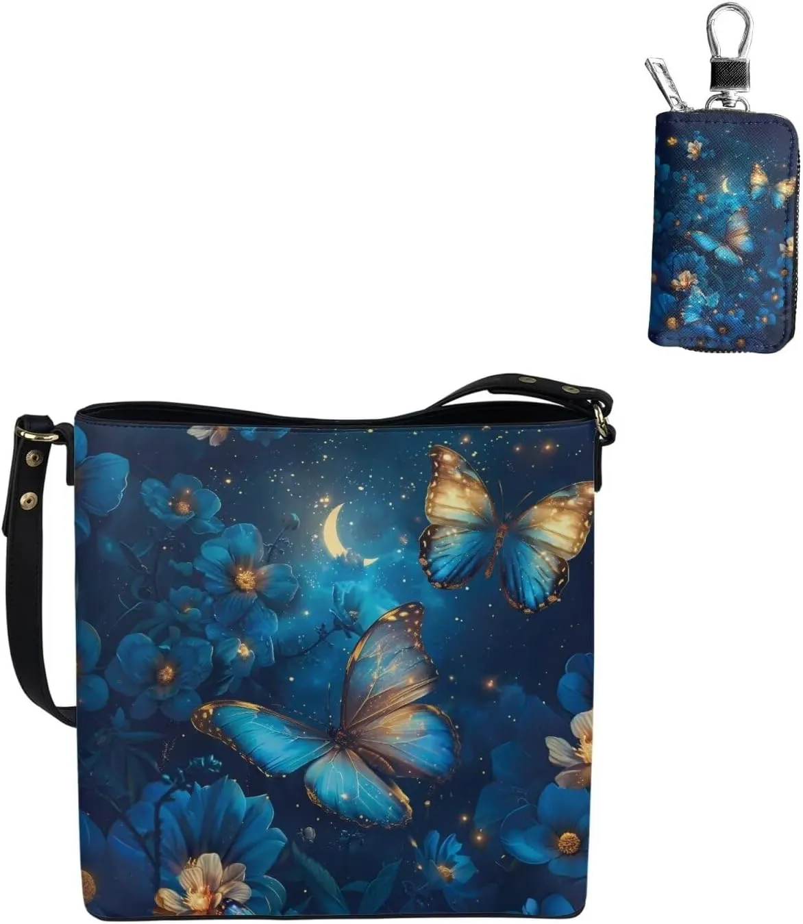 2 Piece Womens Messenger Bag Crossbody Bucket Tote Bag Matching Leather Car Key Holder Case