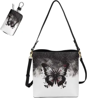 2 Piece Womens Messenger Bag Crossbody Bucket Tote Bag Matching Leather Car Key Holder Case