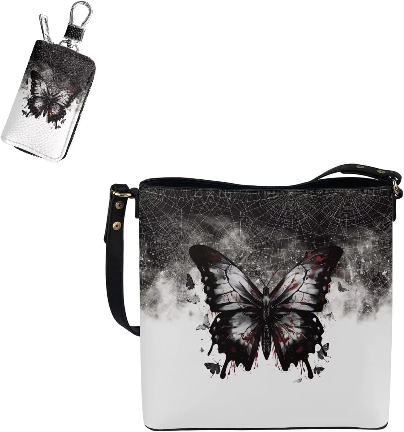 2 Piece Womens Messenger Bag Crossbody Bucket Tote Bag Matching Leather Car Key Holder Case