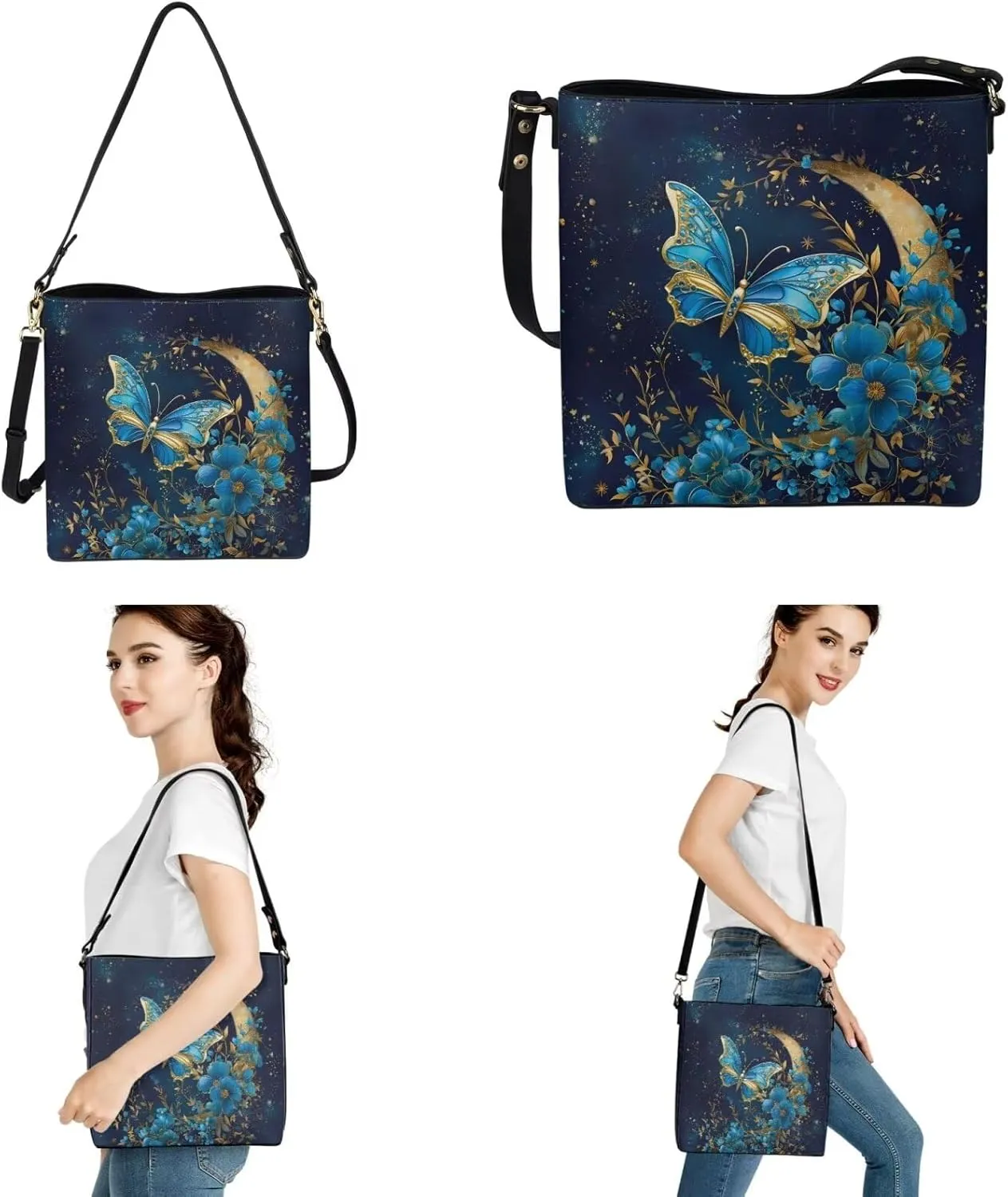 2 Piece Womens Messenger Bag Crossbody Bucket Tote Bag Matching Leather Car Key Holder Case