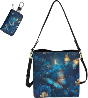 2 Piece Womens Messenger Bag Crossbody Bucket Tote Bag Matching Leather Car Key Holder Case