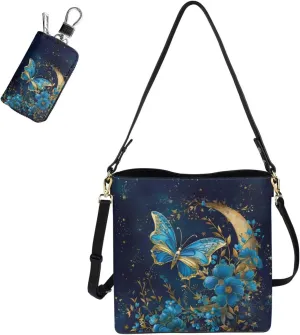 2 Piece Womens Messenger Bag Crossbody Bucket Tote Bag Matching Leather Car Key Holder Case