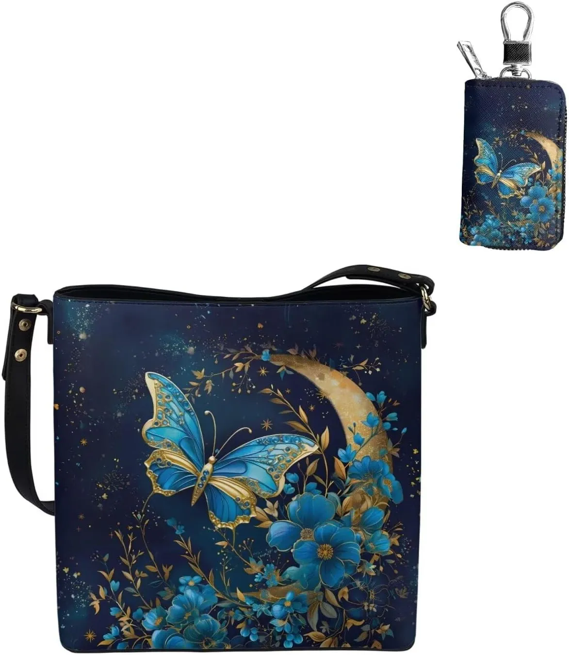 2 Piece Womens Messenger Bag Crossbody Bucket Tote Bag Matching Leather Car Key Holder Case