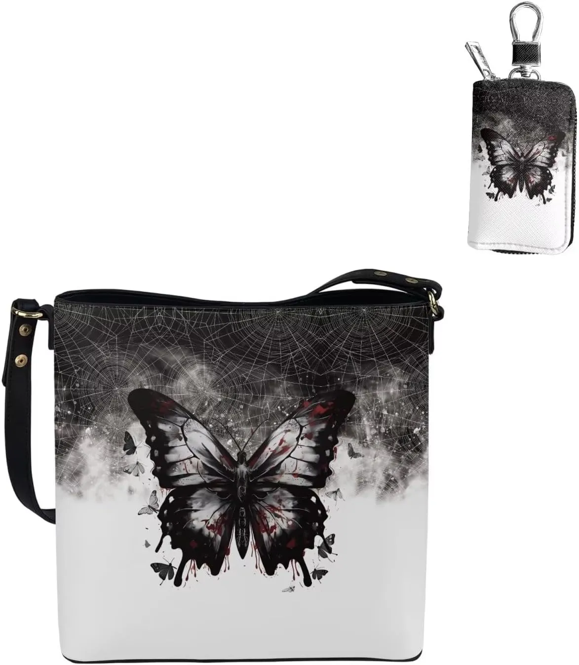 2 Piece Womens Messenger Bag Crossbody Bucket Tote Bag Matching Leather Car Key Holder Case