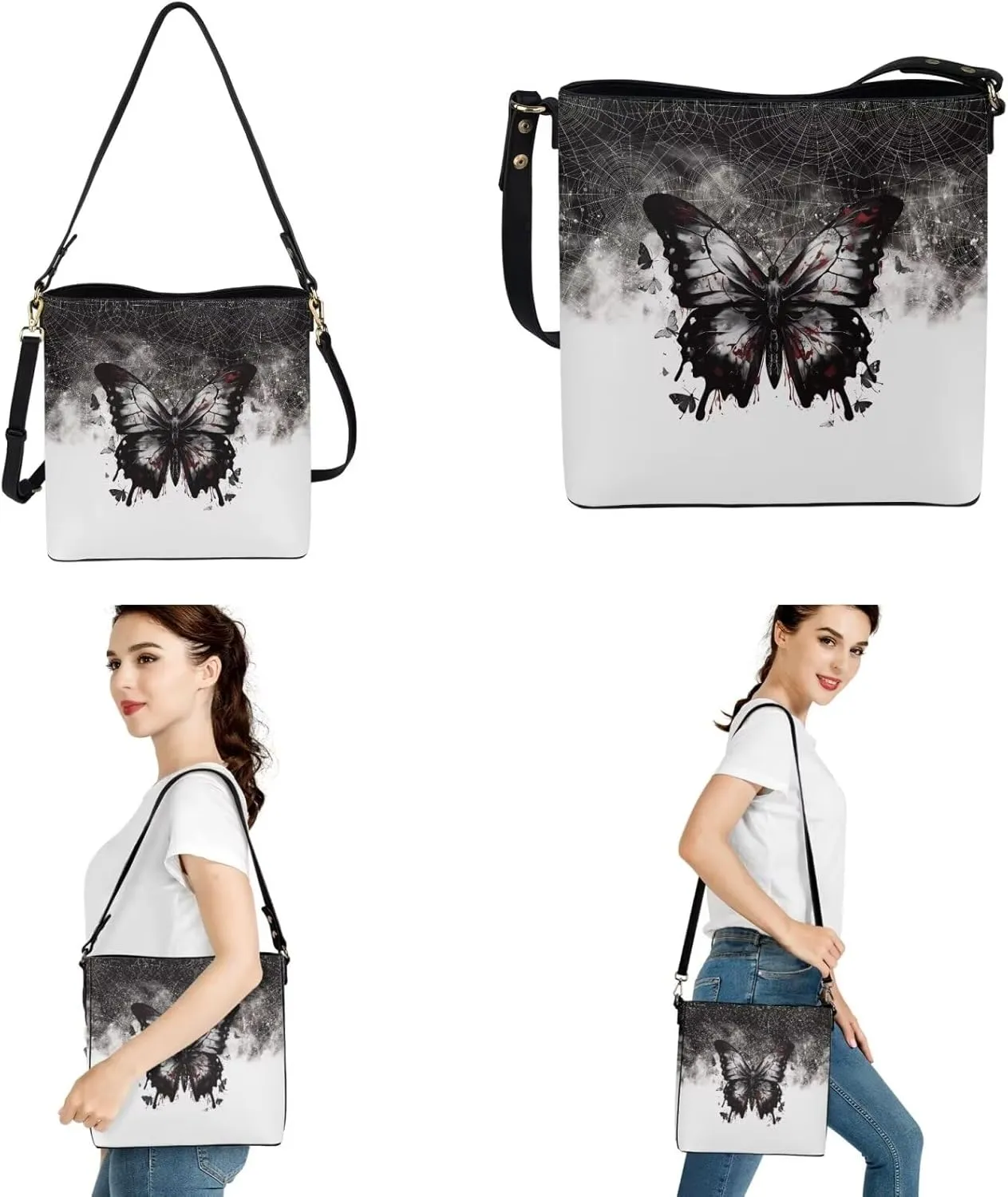 2 Piece Womens Messenger Bag Crossbody Bucket Tote Bag Matching Leather Car Key Holder Case