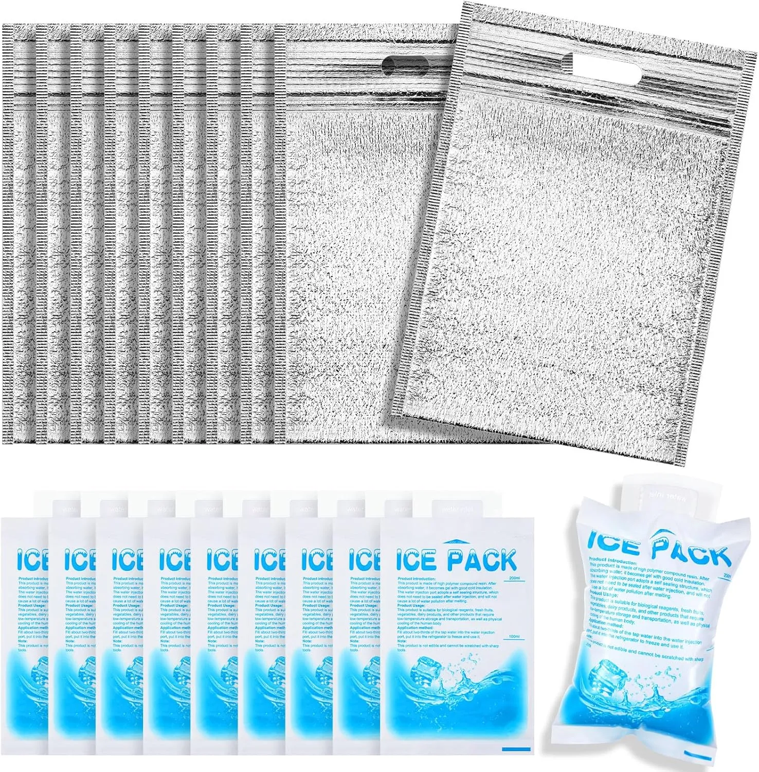 20 Pcs Thermal Bags Bulk with Zipper Handle and 20 Pcs Ice Packs 13.78 x 9.84'' Waterproof Cool Summer Reusable Insulation Bags Thermal Box Liners for Sandwich Drink Picnic Camping