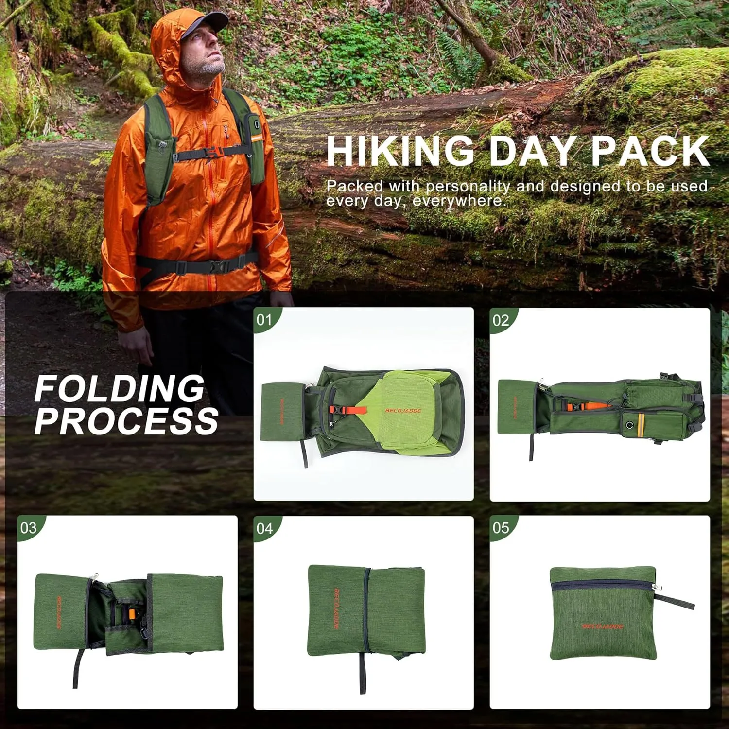 20L Small Hiking Backpack for Men Women Foldable Packable Back Pack Ultralight Hiking Daypack for Travel Camping Outdoor, Olive Green