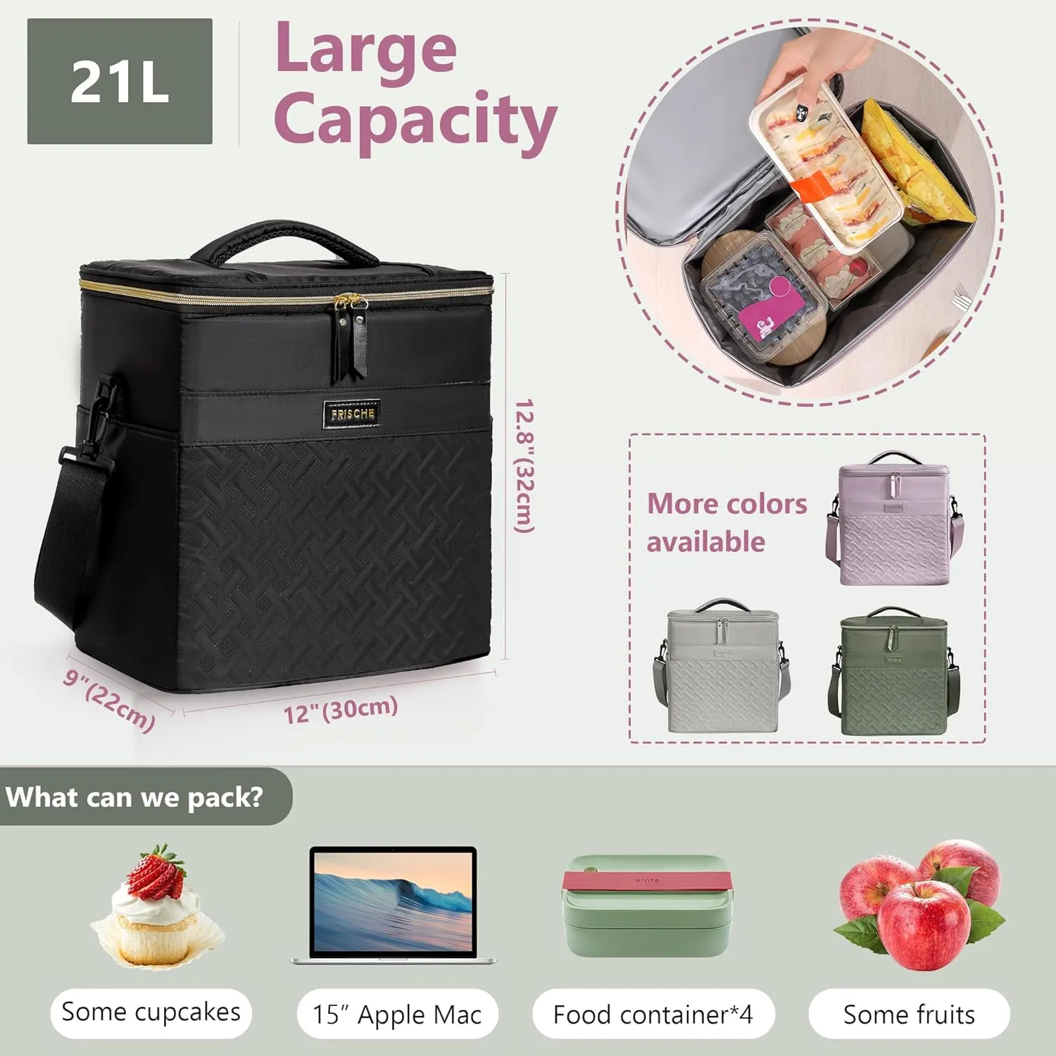 21L Insulated Lunch Bag for Women, XL Reusable Lunch Box with Side Pockets, Leakproof Cooler Pocket with Adjustable Shoulder Strap Suitable for Office, Commute & Travel (Charcoal Black)