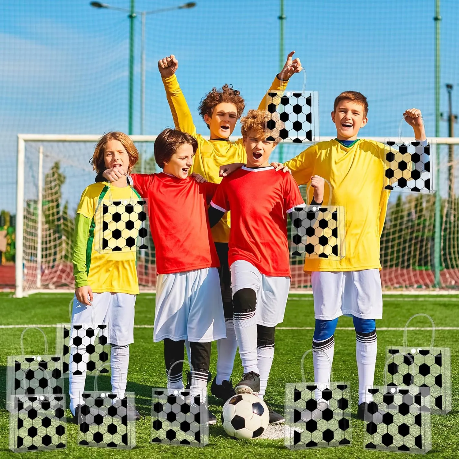 24Pcs Soccer Clear PVC Gift Bags With Handles Bulk Sport Theme Goodie Treat Candy Bags Team Present Wrap Tote Bags for Boys Birthday Party Favor Baby Shower Decorations Supplies