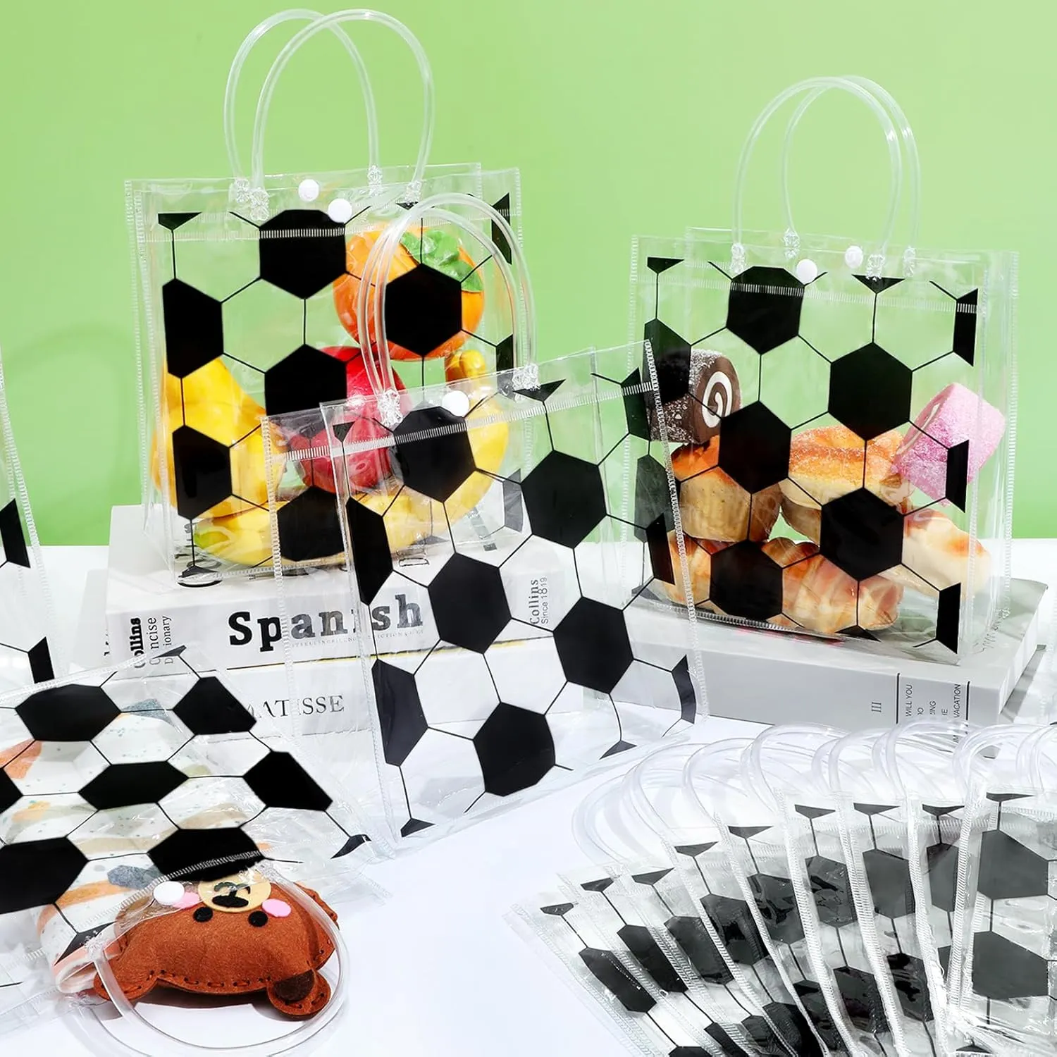 24Pcs Soccer Clear PVC Gift Bags With Handles Bulk Sport Theme Goodie Treat Candy Bags Team Present Wrap Tote Bags for Boys Birthday Party Favor Baby Shower Decorations Supplies