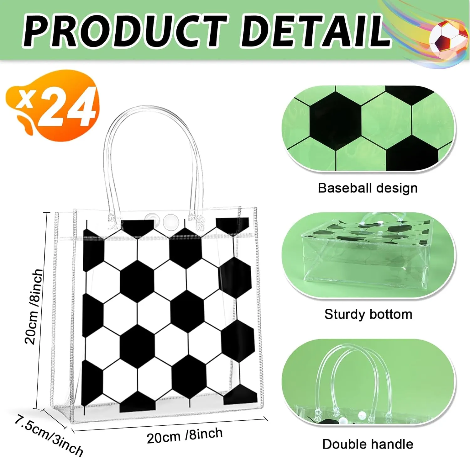 24Pcs Soccer Clear PVC Gift Bags With Handles Bulk Sport Theme Goodie Treat Candy Bags Team Present Wrap Tote Bags for Boys Birthday Party Favor Baby Shower Decorations Supplies