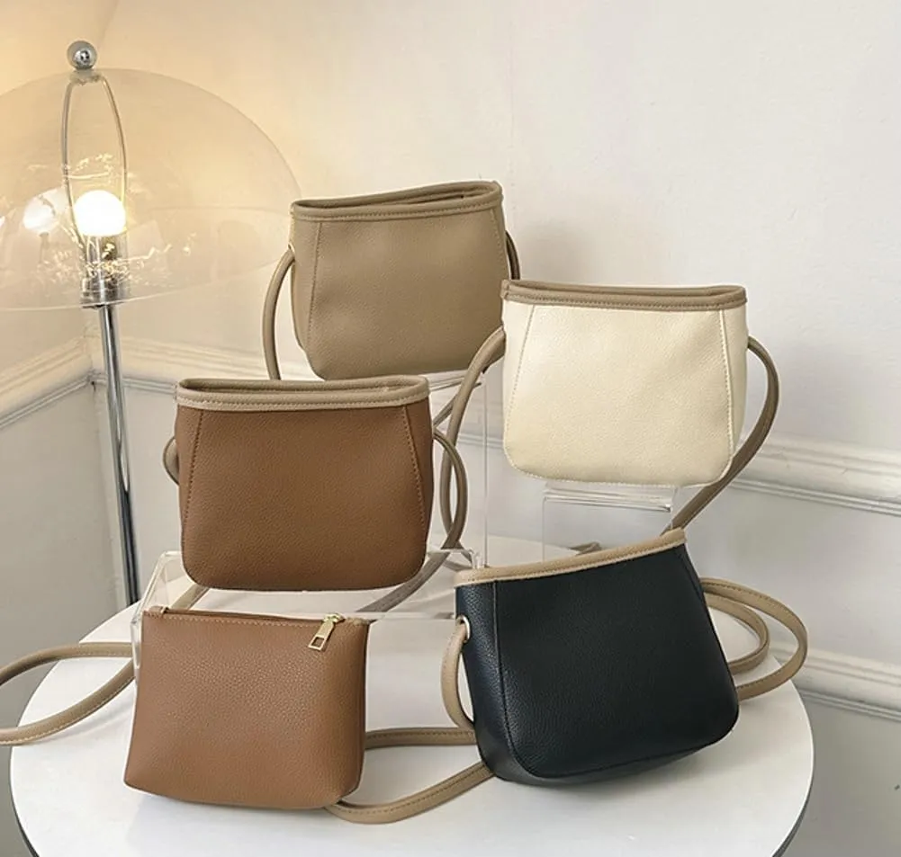 2PCS Bucket Bags Women 2025 Trendy Leather Shoulder Crossbody Bag Satchel Tote Handbags Casual Phone Purse